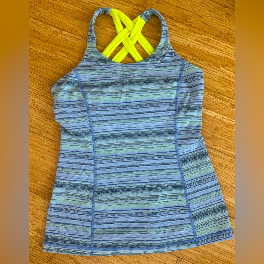 Lululemon workout tank blue multi color neon cross back top 6 built in bra